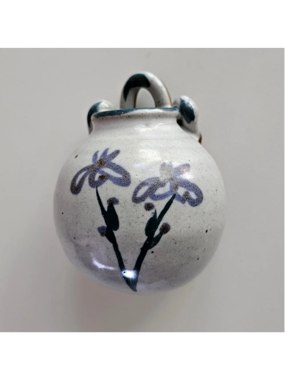 Vintage Studio Pottery Stoneware Wall Pocket Vase Blue Floral Hand Painted 3.5